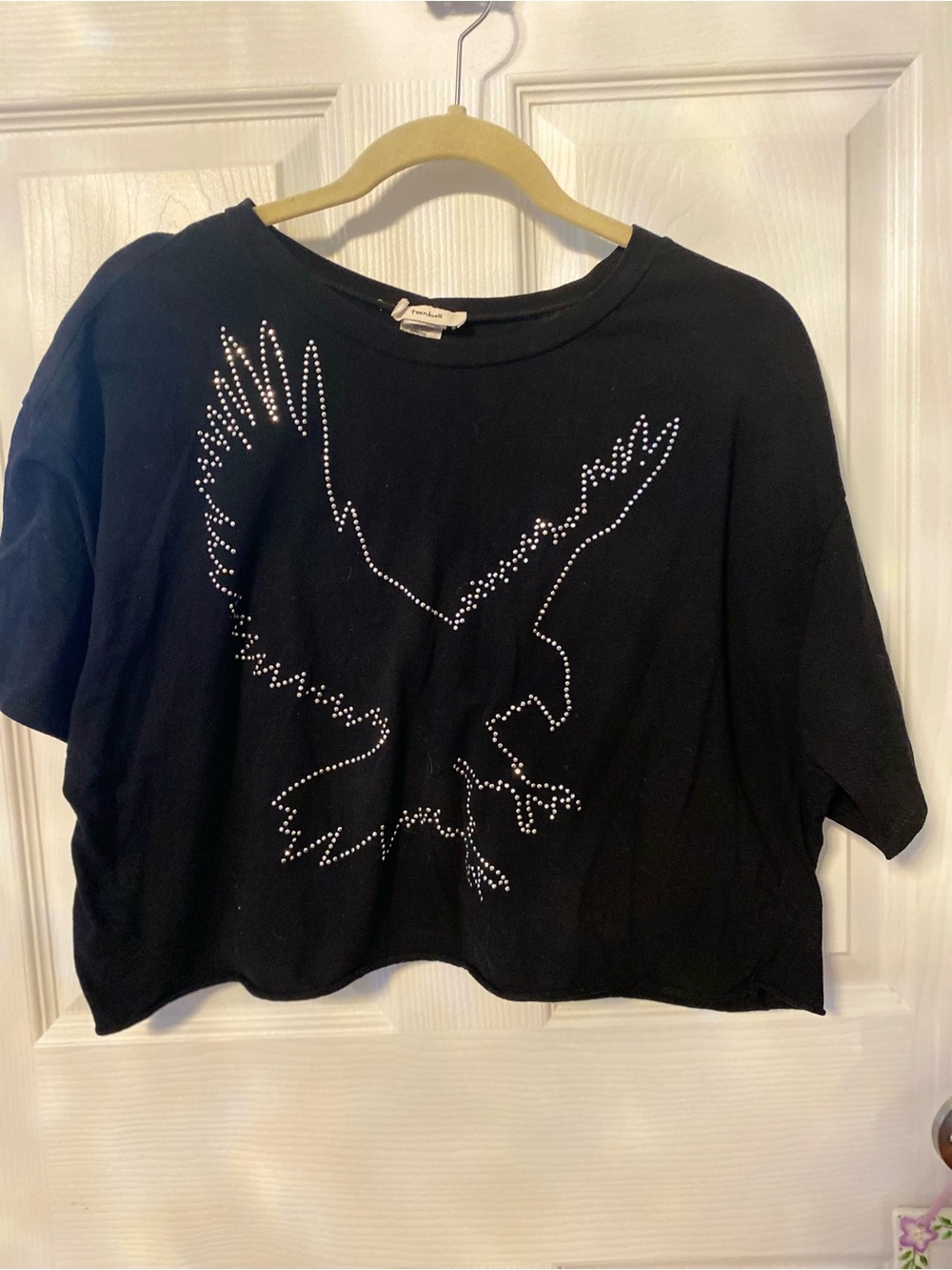 TeenBell Black Cropped Tee with Rhinestone Eagle Accent